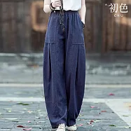【初色】文藝復古薄款純色高腰鬆緊腰燈籠褲休閒褲寬褲長褲-共3色-16074(M-2XL可選) L 藏青色
