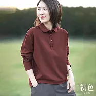 【初色】簡約休閒純色寬鬆翻領長袖POLO衫上衣女上衣-共3色-16076(M-3XL可選) XL 酒紅色