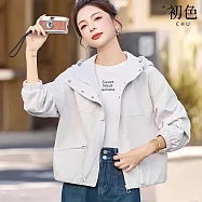 【初色】簡約純色工裝按釦領縮口長袖抽繩連帽外套防風夾克女外套-共3色-16064(M-2XL可選) L 杏色