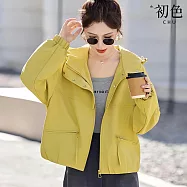 【初色】簡約純色工裝按釦領縮口長袖抽繩連帽外套防風夾克女外套-共3色-16064(M-2XL可選) L 黃色