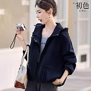 【初色】簡約純色工裝按釦領縮口長袖抽繩連帽外套防風夾克女外套-共3色-16064(M-2XL可選) XL 黑色