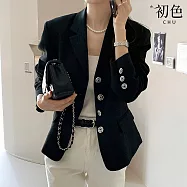 【初色】小香風純色西裝領粗花呢單排釦修身長袖西裝外套女外套-共2色-16078(F可選) F 黑色