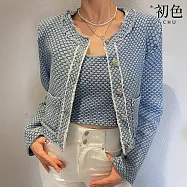 【初色】小香風氣質壓紋圓領口袋排釦長袖短款夾克外套女外套-藍色-16079(F可選) F 藍色