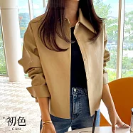 【初色】簡約薄款純色翻領排扣長袖寬鬆機車服夾克皮衣外套女外套-共3色-16080(F可選) F 駝色