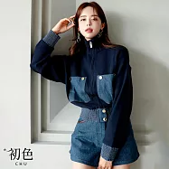 【初色】韓系拼接牛仔高領拉鍊長袖短版棒球服針織外套女外套-藏青色-16081(F可選) F 藏青色