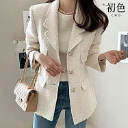 【初色】簡約通勤風寬鬆假口袋排扣西裝領長袖外套女外套-共2色-16083(F可選) F 白色