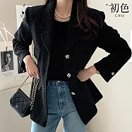 【初色】簡約通勤風寬鬆假口袋排扣西裝領長袖外套女外套-共2色-16083(F可選) F 黑色