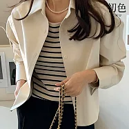 【初色】韓系薄款純色排釦長袖翻領機車服皮衣外套女外套-共2色-16088(F可選) F 米色