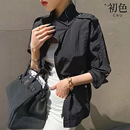 【初色】休閒風簡約寬鬆薄款純色拉鍊立領長袖防曬外套女外套-共3色-16090(F可選) F 黑色