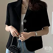 【初色】簡約小香風肌理感翻領正肩短袖短版西裝外套女外套-共2色-16091(F可選) F 黑色