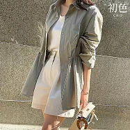 【初色】簡約寬鬆輕薄開岔下擺排釦收腰翻領長袖風衣襯衫外套女外套-共3色-16094(F可選) F 卡其色