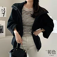 【初色】簡約純色抽繩收腰連帽拉鍊落肩長袖夾克風衣外套女外套-共3色-16095(F可選) F 黑色