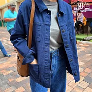 【初色】休閒風純色寬鬆排釦翻領長袖口袋襯衫牛仔外套女外套-共2色-16100(F可選) F 藍色