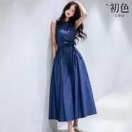 【初色】法式氣質收腰蝴蝶結純色圓領排釦無袖連衣裙連身洋裝長裙-深藍色-16102(F可選) F 深藍色