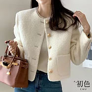 【初色】小香風輕奢純色毛呢金色排扣圓領長袖短版外套女外套-共2色-16107(F可選) F 白色