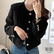 【初色】小香風輕奢純色毛呢金色排扣圓領長袖短版外套女外套-共2色-16107(F可選) F 黑色