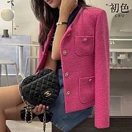 【初色】韓版小香風純色粗花毛呢修身顯瘦圓領長袖外套女外套-共3色-16111(F可選) F 粉色