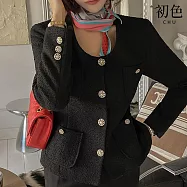 【初色】韓版小香風純色粗花毛呢修身顯瘦圓領長袖外套女外套-共3色-16111(F可選) F 黑色