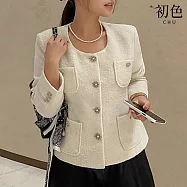 【初色】韓版小香風純色粗花毛呢修身顯瘦圓領長袖外套女外套-共3色-16111(F可選) F 白色