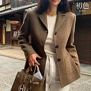 【初色】純色排釦口袋長袖翻領修身外套女外套-共2色-16119(F可選) F 棕色