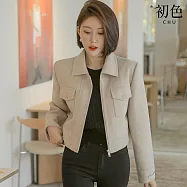 【初色】純色簡約韓系修身短款翻領長袖夾克毛呢外套女外套-共3色-16120(F可選) F 米色