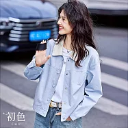 【初色】港風工裝簡約拼色翻領單排扣長袖夾克外套女外套-藍色-16280(M-2XL可選) M 藍色