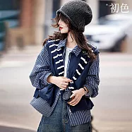 【初色】文青風假兩件格紋拼接休閒翻領長袖襯衫外套女外套-藏青色-16286(M-2XL可選) M 藏青色