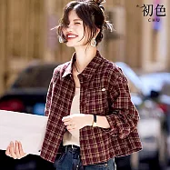 【初色】美式復古風翻領長袖單排扣經典格紋襯衫外套女外套-紅色-16283(M-2XL可選) M 紅色