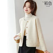 【初色】小香風輕奢短款拼接木耳邊單排釦圓領長袖開衫外套女外套-共2色-16170(F可選) F 米色