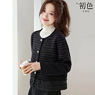 【初色】小香風輕奢短款拼接木耳邊單排釦圓領長袖開衫外套女外套-共2色-16170(F可選) F 黑色