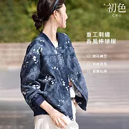 【初色】休閒寬鬆重工風格刺繡圓領長袖棒球外套女外套-藏青色-16322(M-2XL可選) M 藏青色