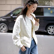 【初色】簡約風純色設計感抓皺菱形格立領排釦棒球服外套女外套-共2色-16323(M-2XL可選) 2XL 米白色