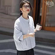 【初色】簡約風純色設計感抓皺菱形格立領排釦棒球服外套女外套-共2色-16323(M-2XL可選) XL 淺藍色