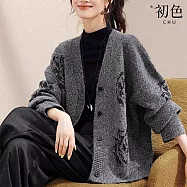 【初色】韓系山茶花珠片提花V領長袖單排扣針織衫外套女外套-灰色-16206(F可選) F 灰色