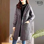 【初色】復古純色拼接針織修身中長款長袖大衣連帽外套女外套-共2色-16124(F可選) F 灰色