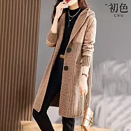 【初色】復古純色拼接針織修身中長款長袖大衣連帽外套女外套-共2色-16124(F可選) F 卡其色