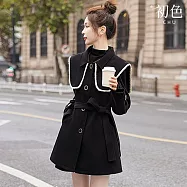 【初色】名媛風簡約保暖收腰拼接撞色單排釦娃娃領長袖大衣外套女外套-黑色-16315(M-2XL可選) M 黑色