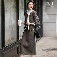 【初色】復古小香風撞色包邊圓領長袖外套女外套+修身後腰鬆緊A字半身裙長裙套裝-咖色-16310(M-2XL可選) M 咖色