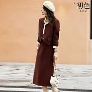 【初色】小香風拼接木耳邊單排釦加厚夾克外套女外套+純色中長裙半身裙套裝-酒紅色-16311(M-2XL可選) M 酒紅色