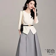 【初色】小香風圓領七分長袖收腰襯衫女上衣+純色A字西裝裙長裙半身裙套裝-白灰色-16259(M-2XL可選) M 白灰色