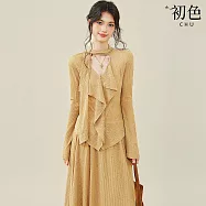 【初色】法式純色V領飄帶喇叭袖上衣女上衣+素色中長裙半身裙套裝-土黃色-16293(M-2XL可選) M 土黃色