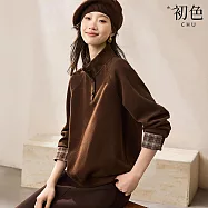 【初色】復古風立領長袖單排扣撞色格紋拼接假兩件上衣女上衣-深咖色-16319(M-2XL可選) M 深咖色