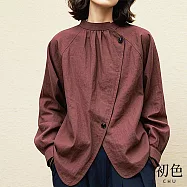 【初色】純色寬鬆立領長袖斜門襟開叉新中式襯衫上衣女上衣-紅棕色-16274(M-2XL可選) M 紅棕色