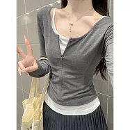 【MsMore】 韓版修身撞色兩件套疊穿拉鍊長袖上衣# 126575 L 灰色