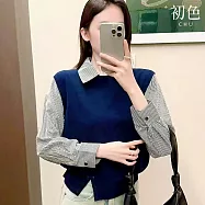 【初色】通勤風假兩件拼接翻領條紋釦子長袖襯衫上衣女上衣-共4色-16226(F可選) F 藏青色