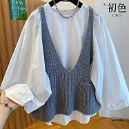 【初色】韓版素色圓領泡泡袖長袖上衣女上衣+純色針織口袋馬甲背心女背心套裝-共3色-16210(F可選) F 灰色