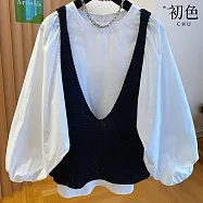 【初色】韓版素色圓領泡泡袖長袖上衣女上衣+純色針織口袋馬甲背心女背心套裝-共3色-16210(F可選) F 黑色