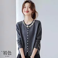 【初色】小香風蕾絲釘珠撞色圓領長袖開衫上衣毛衣針織衫女上衣-共3色-16235(F可選) F 灰色