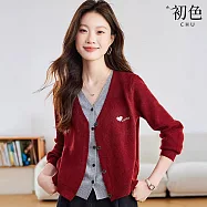 【初色】日系簡約刺繡拼色假兩件V領單排釦長袖針織衫上衣女上衣-共2色-16184(F可選) F 紅色