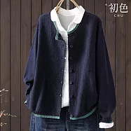 【初色】文藝復古風圓領單排扣長袖撞色滾邊針織開衫上衣女上衣-共6色-16161(F可選) F 藏青色